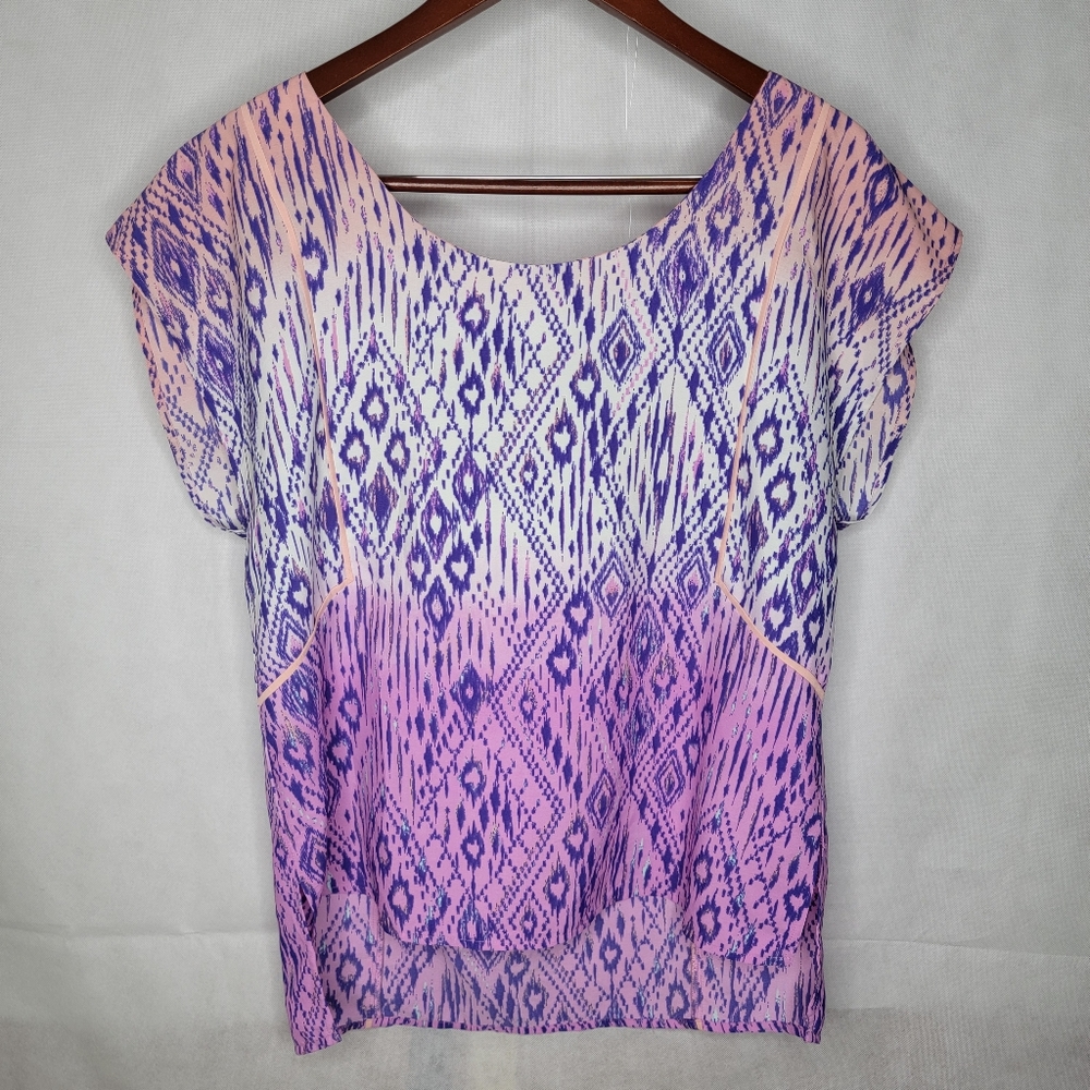American Eagle Top Pink Purple Aztec Southwest Short Cap Sleeve Strappy Back L